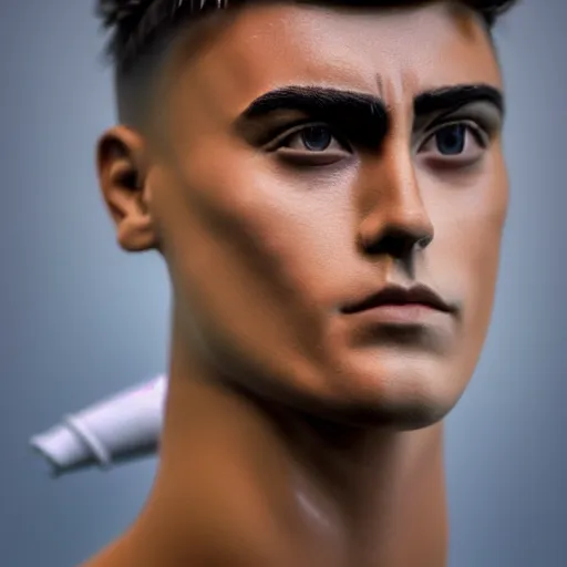 Image similar to a realistic detailed photo of a guy who is an attractive humanoid who is half robot and half humanoid, who is a male android, soccer player paulo dybala, shiny skin, posing like a statue, blank stare, in a living room, on display, showing off his muscles