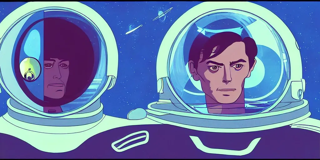 Image similar to a portrait of lonely single Alain Delon alone pilot in spacesuit posing in symmetrical spaceship station planet captain bridge outer worlds hyper contrast well drawn in FANTASTIC PLANET La planète sauvage animation by René Laloux
