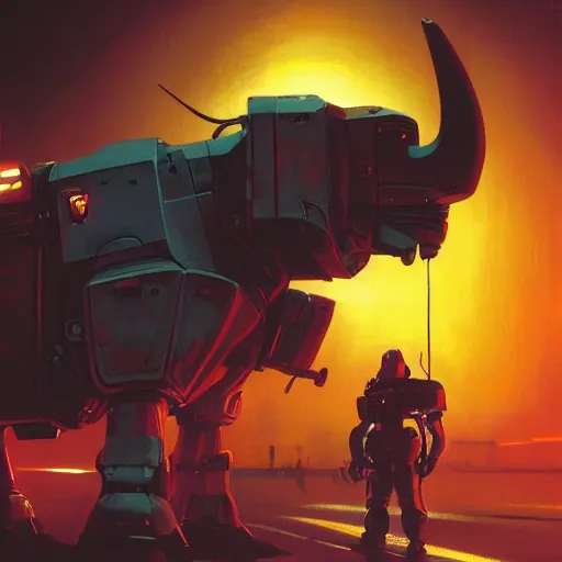 Image similar to a dark and colorful close - up of a sci - fi mecha rhino robot with led lights glowing fog in the background. highly detailed science fiction painting by norman rockwell, frank frazetta, and syd mead. rich colors, high contrast, gloomy atmosphere, dark background. trending on artstation