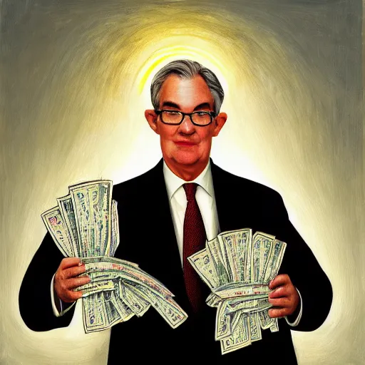 Image similar to pope jerome powell, wearing the pope hat, holding wad of money, patron saint of money printers, illuminated by the light of heaven, 8k, 4k, oil painting, award winning portrait of his holiness jerome powell, masterpiece