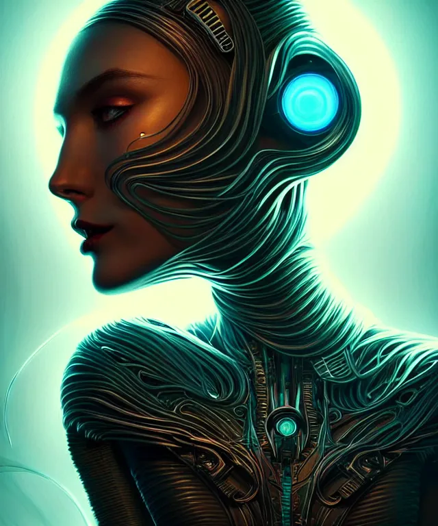 Prompt: Supermodel woman turning into an Android portrait, dark surrealism , scifi, intricate, elegant, sharp eyebrows, ornate long flowing blonde hair, highly detailed cybernetic body, neon glowing eyes, digital painting, artstation, concept art, smooth, sharp focus, illustration, art by Artgerm and moebius and Peter Mohrbacher