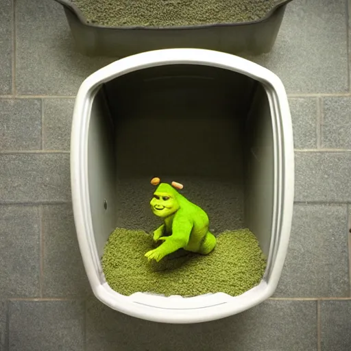 Image similar to shrek poops in a cat litter box