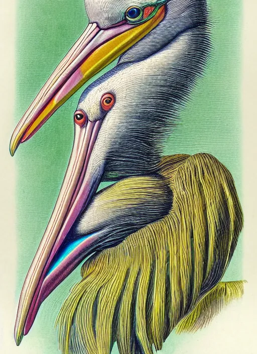 Prompt: pelican portrait, detailed vintage botanical flower feathers, vivid color pencil drawing, Ernst Haeckel