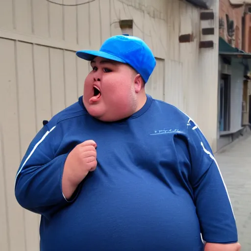 Prompt: crying obese man wearing a blue cap with a P on it