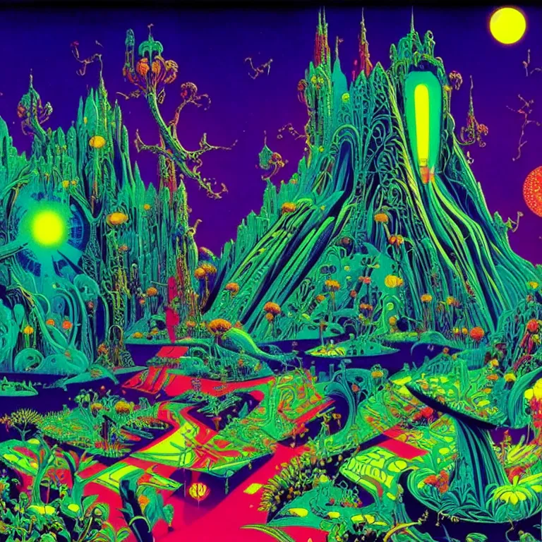 Image similar to strange holiday, synthwave, bright neon colors, highly detailed, cinematic, eyvind earle, tim white, philippe druillet, roger dean, ernst haeckel, lisa frank, aubrey beardsley, stanley kubrick