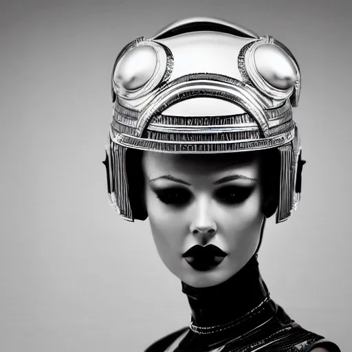 Prompt: close up of a female fashion model in year 3000 in art-deco entrance hall, model wearing a huge surreal art-deco helmet in silver, photography , official Versace editorial , highly detailed