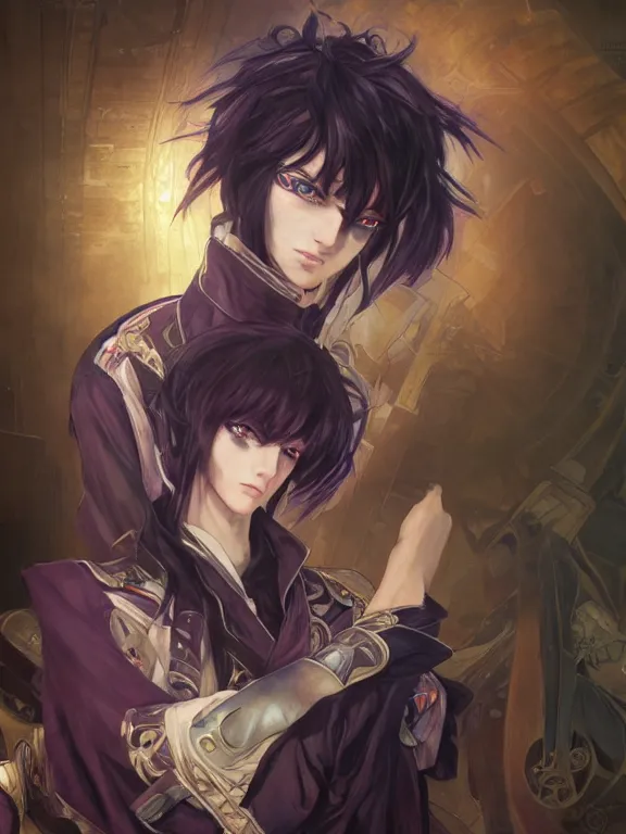 Image similar to manly eccentric lelouch lamperouge, hyper detailed, digital art, trending in artstation, cinematic lighting, studio quality, smooth render, unreal engine 5 rendered, octane rendered, concept art, smooth, sharp focus, illustration, art by artgerm and greg rutkowski and alphonse mucha and ian sprigger and wlop