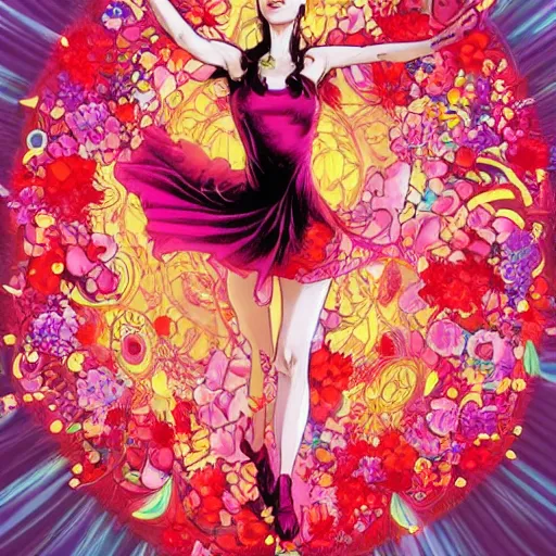 Image similar to scarlet witch in a swirling sundress of flowers, floral explosion, radiant light, vortex of plum petals, by WLOP, Tristan Eaton