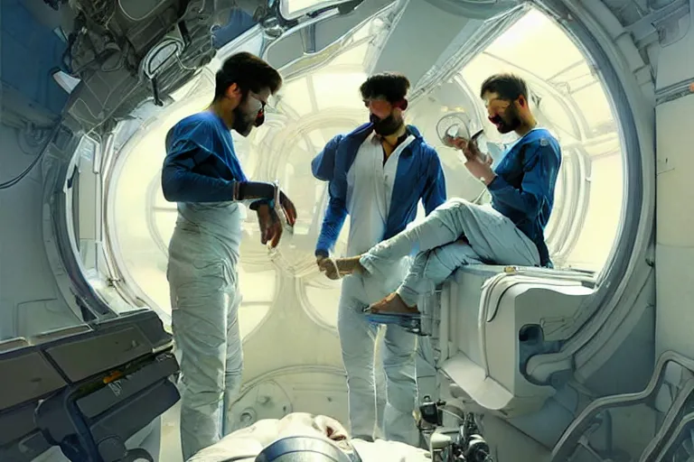 Image similar to Sensual good looking pale young Indian doctors wearing jeans in a space station above Earth performing surgery, portrait, elegant, intricate, digital painting, artstation, concept art, smooth, sharp focus, illustration, art by artgerm and greg rutkowski and alphonse mucha