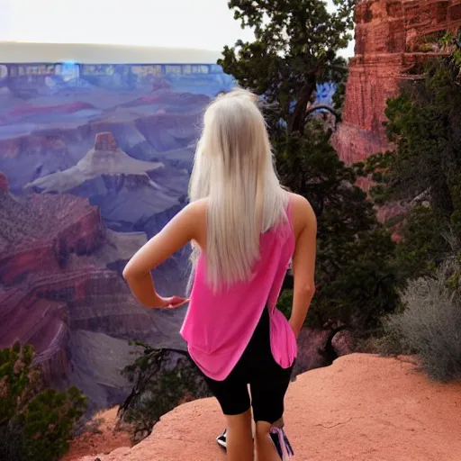 Image similar to a photo of a young woman with long pink hair looking at grand canyon, hiking clothes, tank top, backpack, arizona, grand canyon in background, cinematic, beautiful, stunning, morning, epic, 8 k