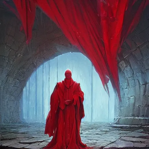 Image similar to fantasy painting with a wizard in red robes in a surreal environment by greg rutkowski and michael whelan w 1 0 2 4