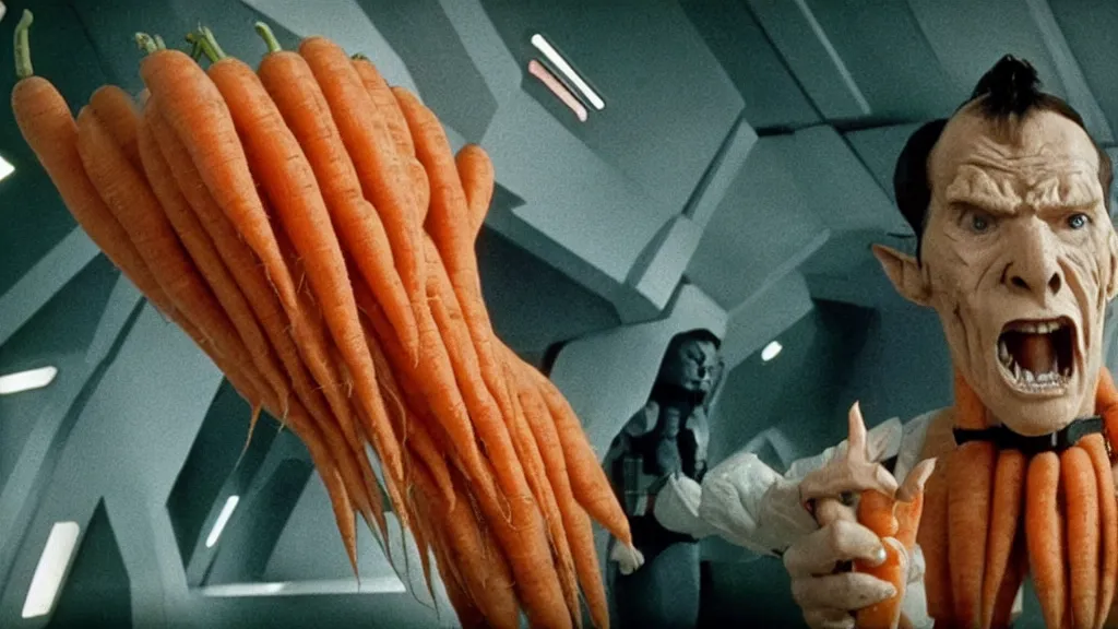 Image similar to giant monster made of carrots and sharp teeth eating people, star trek, film still from a movie directed by Denis Villeneuve with art direction by Salvador Dalí, wide lens