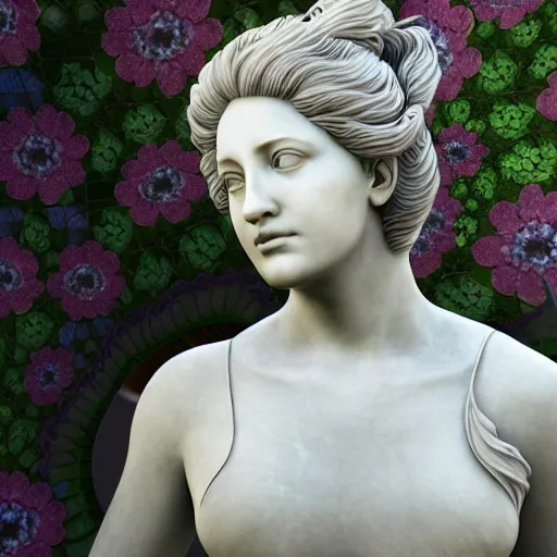 Image similar to an idealistic marble statue with flowery hair in a fractal garden, unreal engine, 8k render, beautiful, full frame,