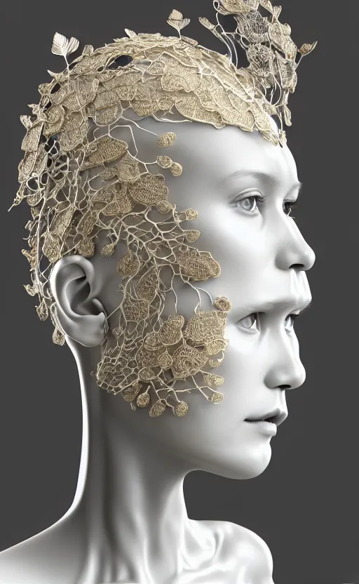 Image similar to complex 3d render of a beautiful porcelain profile woman face, vegetal dragon cyborg, 150 mm, beautiful natural soft light, rim light, silver gold details, magnolia leaves and stems, roots, fine lace, maze like, mandelbot fractal, anatomical, facial muscles, cable wires, microchip, elegant, highly detailed, white metallic armour, octane render, black and white, H.R. Giger style