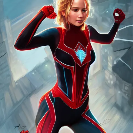 Prompt: Jennifer Lawrence as spiderwoman, intricate, highly detailed, digital painting, artstation, concept art, smooth, sharp focus, illustration, Unreal Engine 5, 8K, artgerm, rutkowski, mucha