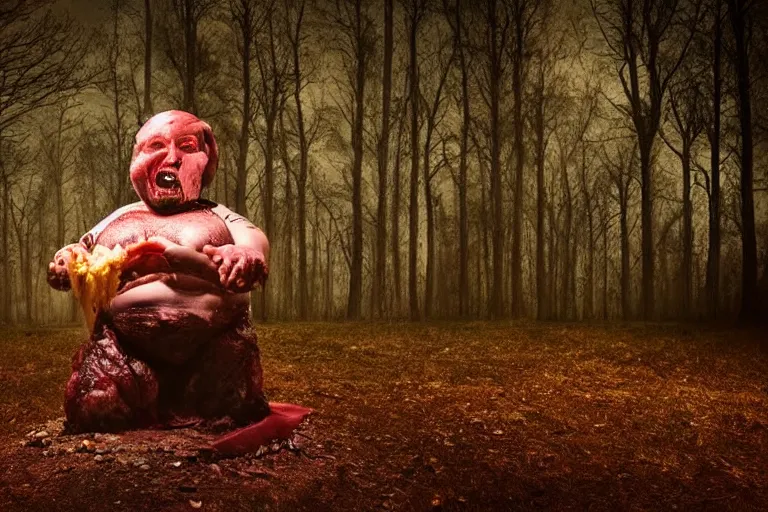 Image similar to big fat butcher with a scary face chops a piece of meat on the stump in a dark forest, night scene, old photo, scary, creepy, terrible atmosphere