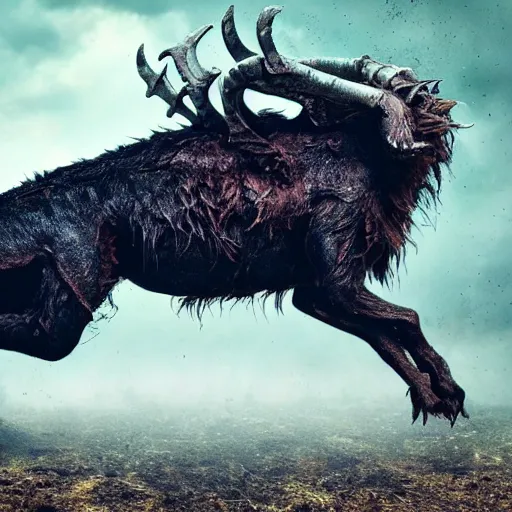 Prompt: horror, action photo, hd, depth of field, moody, a monstrous mutant goat creature is galloping across a muddy medieval village square in daylight, filthy matted fur, human eyes, disturbing, mutated, crocodile - like teeth