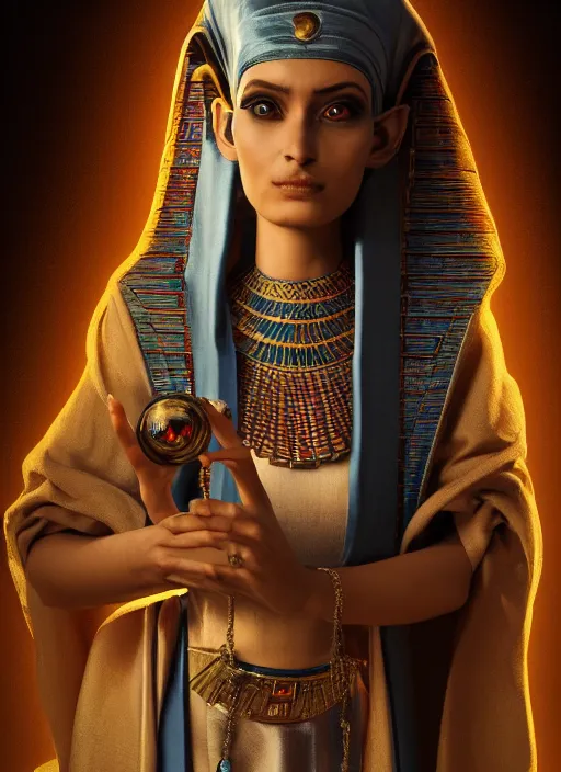 Image similar to an anthropomorphic beautiful female wizard of pharaoh holding magic wand portrait wearing robe, fine art, award winning, intricate, elegant, sharp focus, octane render, hyperrealistic, cinematic lighting, highly detailed, digital painting, 8 k concept art, art by jamie hewlett and z. w. gu, masterpiece, trending on artstation, 8 k