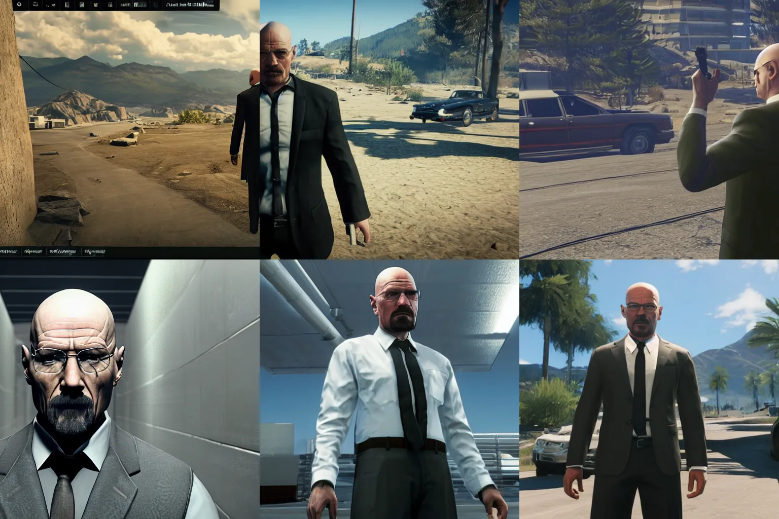 Prompt: Screenshot of Walter White as Agent 47 in the Hitman 2016 video game