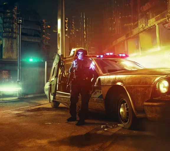 Image similar to a robotic cthulhu police officer sitting next to a futuristic police car, rusty helmet, cyberpunk, fallout 5, studio lighting, deep colors, apocalyptic setting, city at night