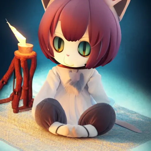 Prompt: cute fumo plush of a cat girl casting a summoning spell, witch, vray