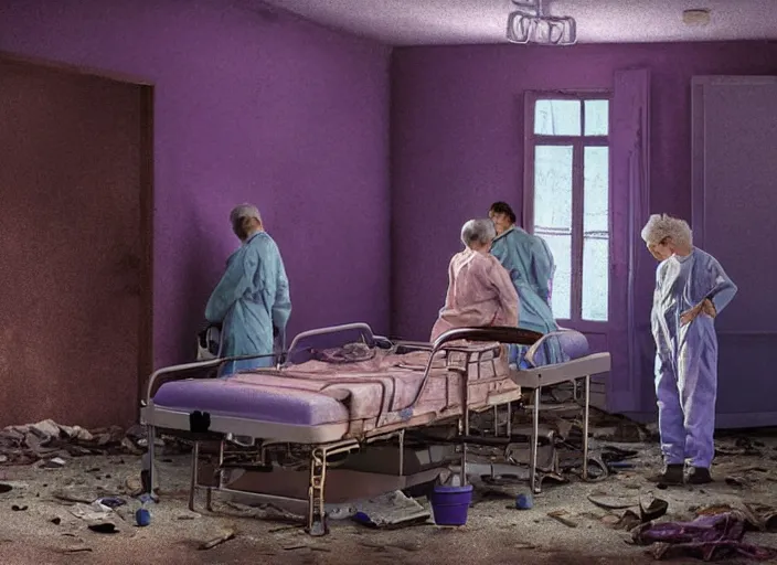 Prompt: skinny, old people wearing purple overalls contemplating death, inside an abandoned room # # # hospital bed # # #, depth of field, hauntingly surreal dystopian, emotionally expressive, highly detailed oil painting, soft light 4 k, red, blue and purple colour palette, cinematic composition, cinematic lighting, masterpiece by greg hildebrandt, and mark brooks