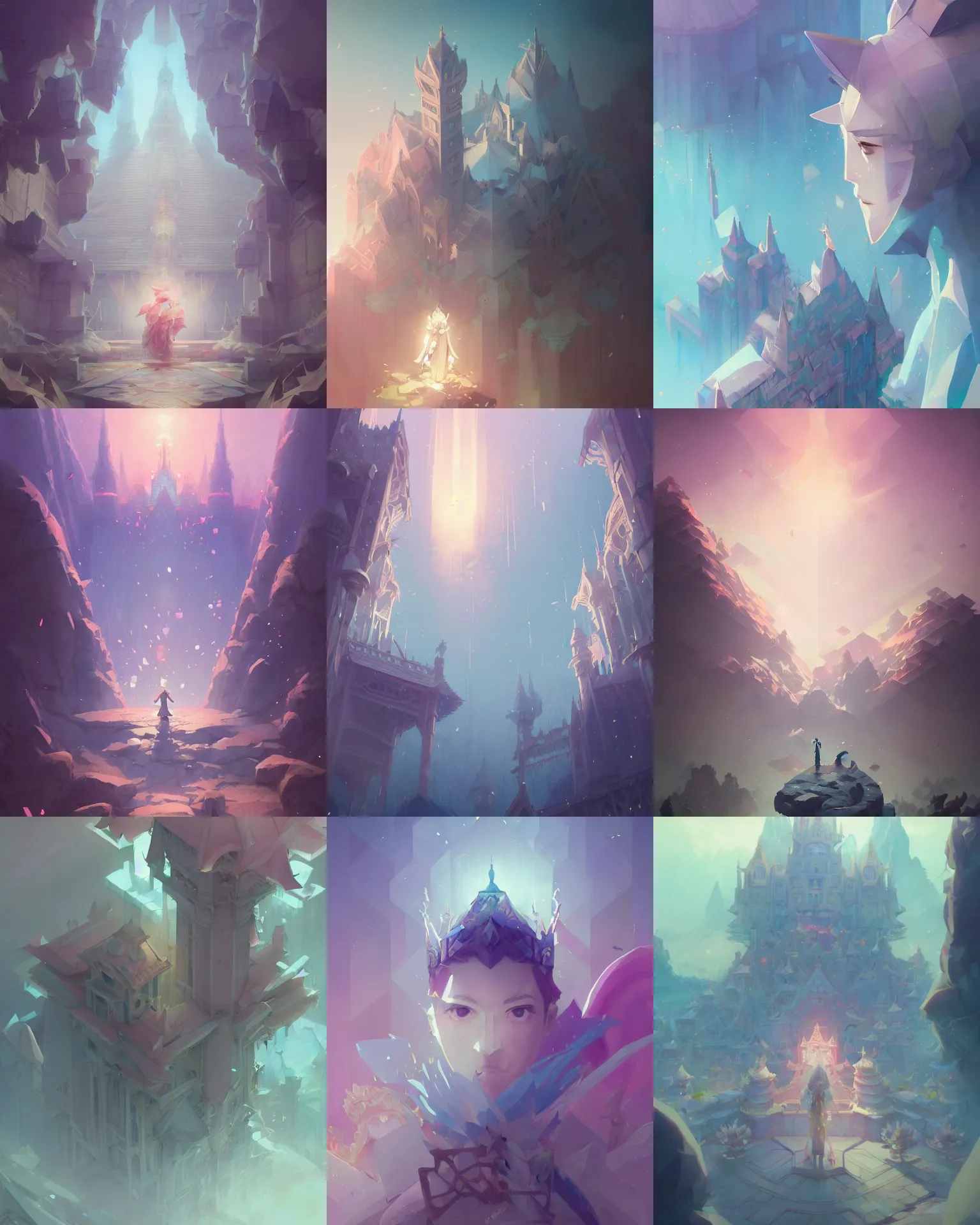 Prompt: pastel king's asymmetrical polygonal kingdom, light dust, magnificent, close up, details, sharp focus, elegant, highly detailed, illustration, by Jordan Grimmer and greg rutkowski and PiNe(パイネ) and 薯子Imoko and 香川悠作 and wlop and maya takamura, intricate, beautiful, Trending artstation, pixiv, digital Art