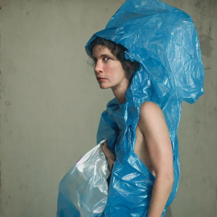 Image similar to closeup portrait of a woman wrapped in blue cellophane, standing in an abandoned cotton mill, color photograph, by vincent desiderio, canon eos c 3 0 0, ƒ 1. 8, 3 5 mm, 8 k, medium - format print