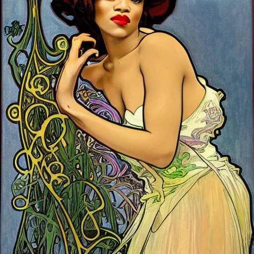 Prompt: Rihanna portrait, art nouveau, alphonse mucha