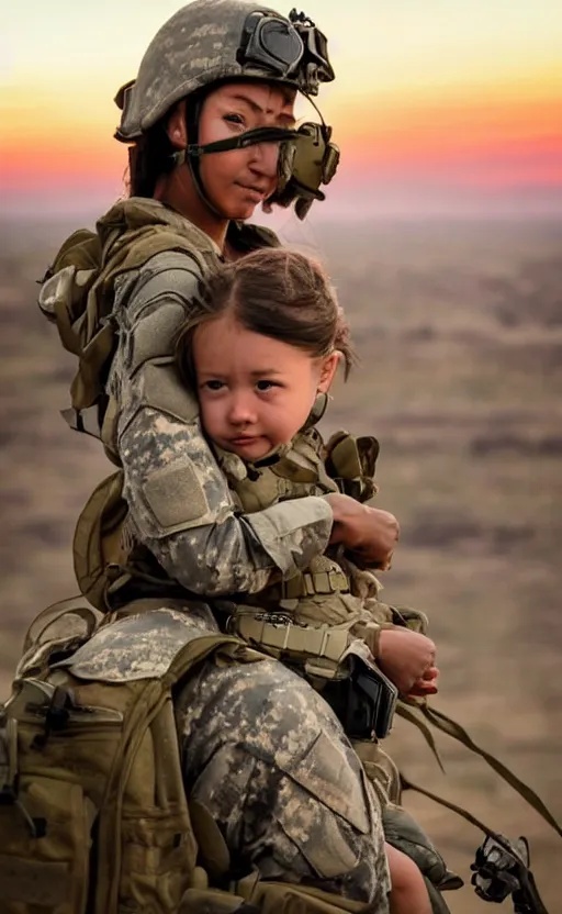 Prompt: female soldier carrying a small girl on the shoulder into a transport helicopter for the extraction, highly detailed, high resolution, war footage, stunning, real sunset, in the middle of a firefight, girls frontline style, bokeh soft, 100mm, trending on instagram, photo by steve mccurry, realistic human anatomy, realistic military carrier, soldier clothing, modern warfare, realistic guns