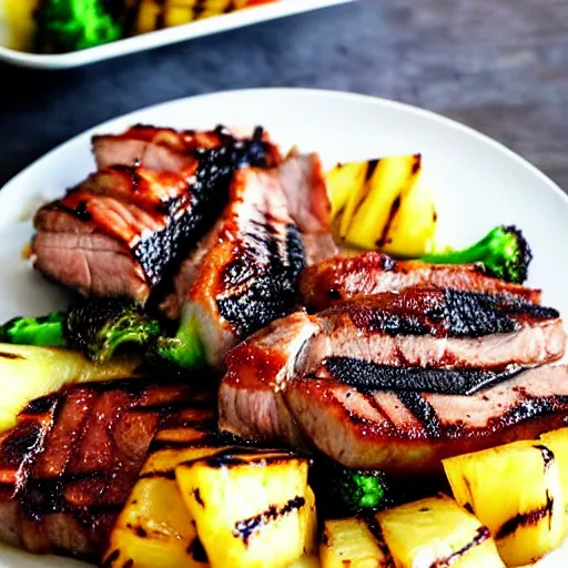 Image similar to a plate of seared glazed pork with a side of grilled pineapple and long broccoli, beautiful appetizing food photography