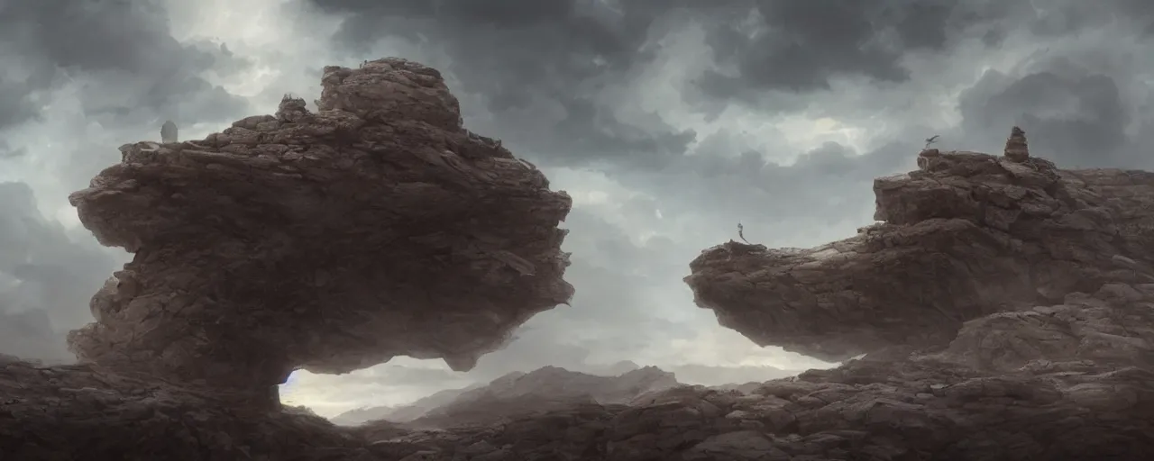 Image similar to spooky face in the clouds over a barren rocky landscape, [ cinematic, detailed, epic, widescreen, opening, establishing, mattepainting, photorealistic, 4 k, octane render, art by greg rutkowski ]