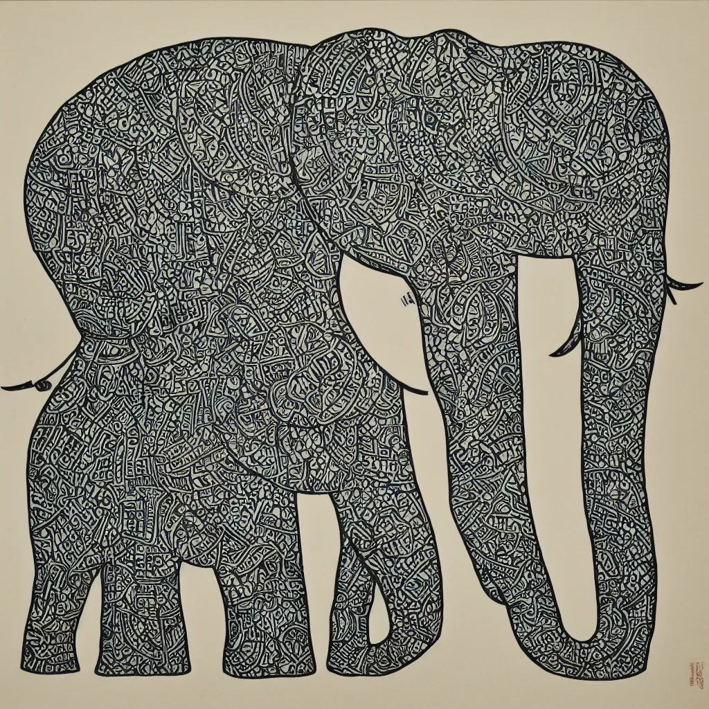 Prompt: block print, cubist style, simple, colored elephant art