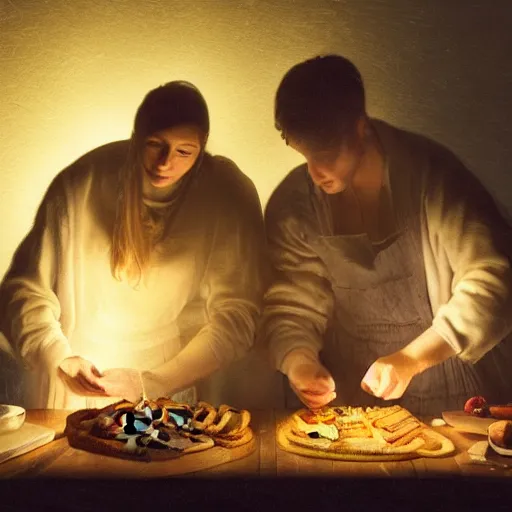 Prompt: one young man and one young woman baking waffles in romantic light painted by davinci