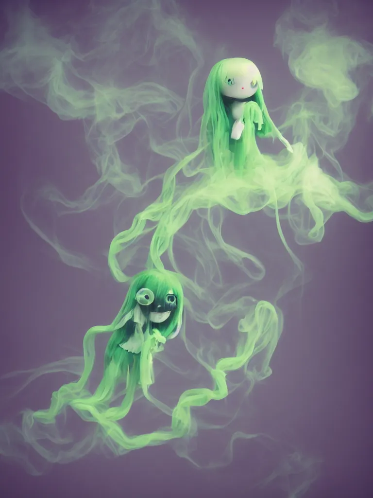 Image similar to cute fumo plush smiling ectoplasmic gothic macabre green jellyfish ghost girl, glowing milky wisps of hazy smoke and volumetric fog, lens flare, subsurface scattering, vignette, asymmetry, bokeh, refraction, vray