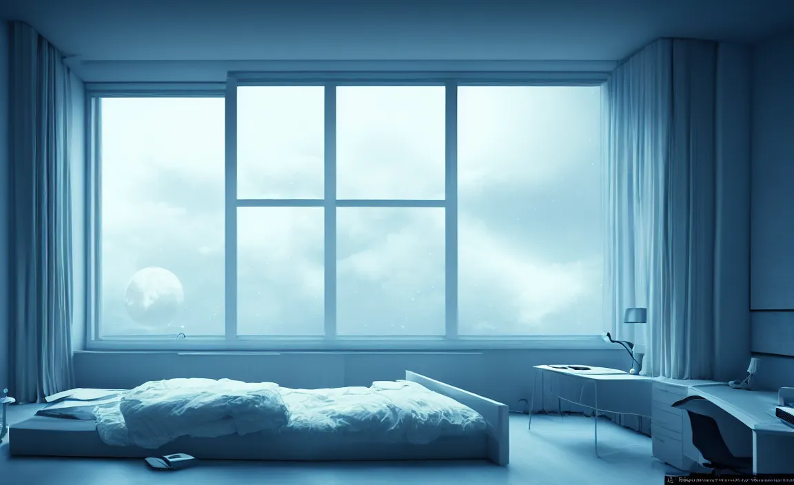 Image similar to bedroom, white bed, desk, computer, warm light, floor to ceiling window, the night scene outside the window. future science fiction. game cg, hyperdetailed, trending on cgsociety