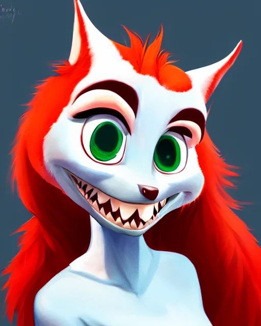 Image similar to digital painting full body of anthromorphic scalie female shark, red hair, in style of zootopia, female fursona, furry, furaffinity, 4 k, deviantart, furry art, fursona art, shark fursona, female, very expressive detailed feminine face,