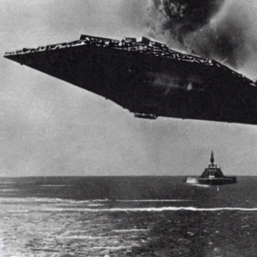 Prompt: an old ww2 photograph of a star wars star destroyer crashing