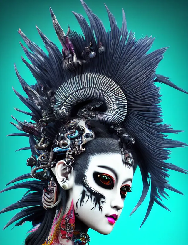 Image similar to 3 d photo realistic goddess close - up profile portrait punk with mohawk with ram skull. beautiful intricately detailed japanese crow kitsune mask and clasical japanese kimono. betta fish, jellyfish phoenix, bio luminescent, plasma, ice, water, wind, creature, artwork by tooth wu and wlop and beeple and greg rutkowski