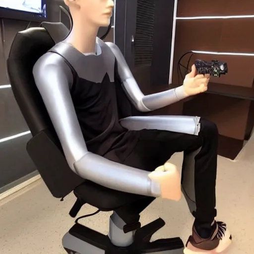 Image similar to “a realistic detailed photo of a guy who is an attractive humanoid who is half robot and half humanoid, who is a male android, twitch streamer Ninja Tyler Blevins, shiny skin, posing like a statue, blank stare, on a gaming chair streaming”