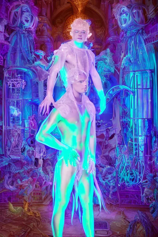 Image similar to photo of full-body rococo and cyberpunk delicate neon crystalline sculpture of ((muscular pale blue albino prince Nick Jonas)) as an iridescent humanoid deity wearing a thin see-through ((plastic hooded cloak)) (holding a human skull) in a neon castle dungeon, reclining con (((las piernas abiertas))), glowing pink face, crown of (white lasers), large diamonds, swirling black silk fabric. futuristic elements. oozing glowing liquid, full-length view. space robots. intricate artwork by caravaggio. Trending on artstation, octane render, cinematic lighting from the right, hyper realism, octane render, 8k, depth of field, 3D