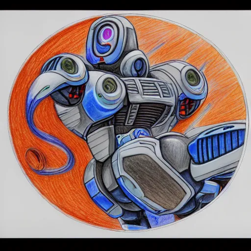 Image similar to an intricate color pencil drawing of a giant anime robot with rounded and circular parts