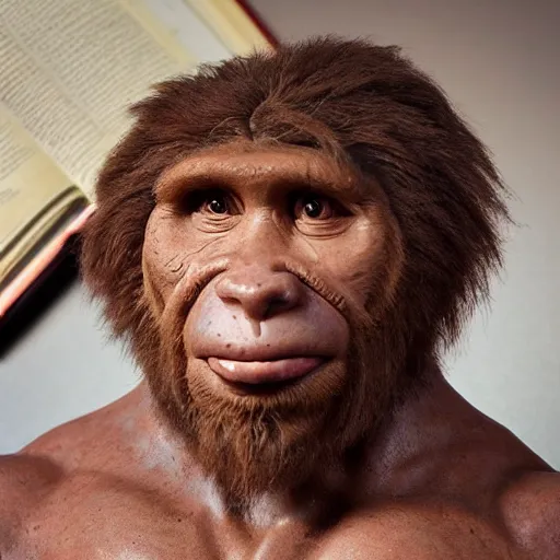 Image similar to neanderthal read science book about him and laughing, because its irrelevant and not accurate, pinterest, perfect dynamic position, extremely realistic and highly details, bokeh, reduce duplication interference