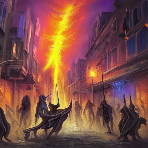 Prompt: A photo of a few sorcerers holding magic staffs and attacking people on the street with thunders, in the downtown, fire from sky, blue lightnings, dramatic purple thunders, golden meteors, war, dramatic shadows, powerful photo, magic, dramatic lighting, intricate, wild, highly detailed, digital painting, artstation, concept art, smooth, sharp focus, illustration, art by artgerm and greg rutkowski and alphonse mucha, footage