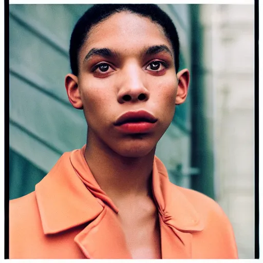 Image similar to realistic photoshooting for a new balenciaga lookbook, color film photography, portrait of a beautiful woman, in style of Tyler Mitchell, 35mm,