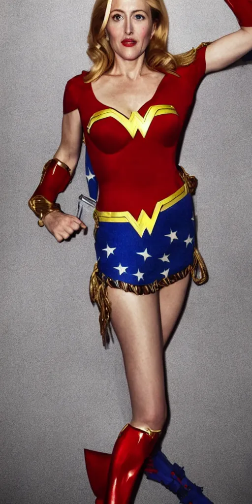 Image similar to full length photo of a beautiful 40-year-old Gillian Anderson dressed as wonder woman by Mario Testino and stanley lau, detailed, full body shot, award winning, Sony a7R, trending on artstation