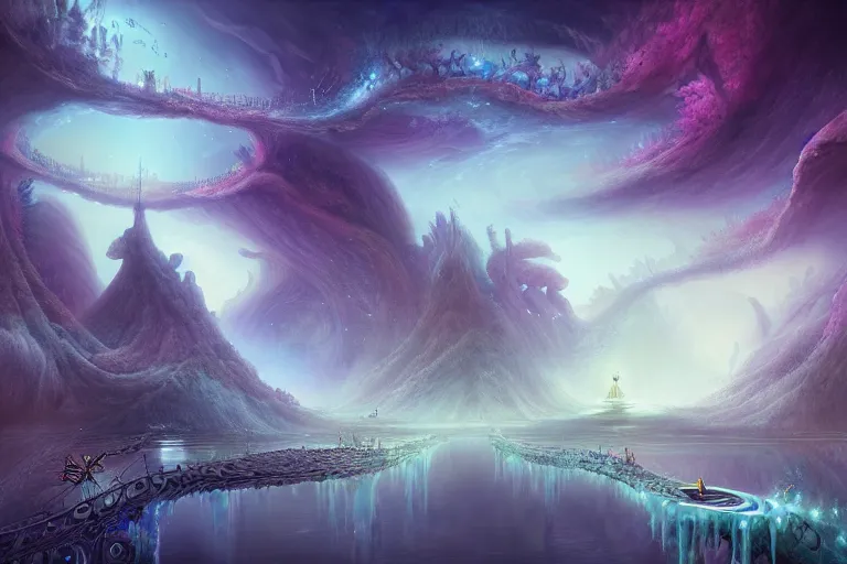 Prompt: beguiling epic stunning beautiful insanely detailed matte painting of a bridge through nebula dream worlds designed by heironymous bosch, structures inspired by heironymous bosch's garden of earthly delights, surreal ice interiors by cyril rolando and asher durand and natalie shau, whimsical, intricate