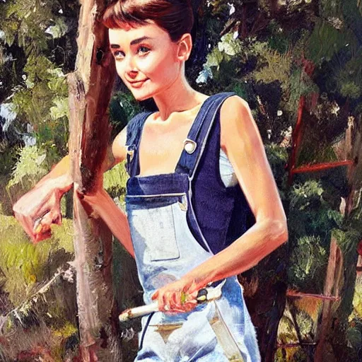 Image similar to young audrey hepburn wearing overalls, on a farm, painting by artgerm, greg rutkowski