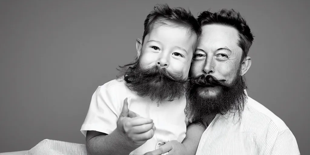 Image similar to toddler elon musk with long mustache and epic beard, 5 0 mm, studio lighting