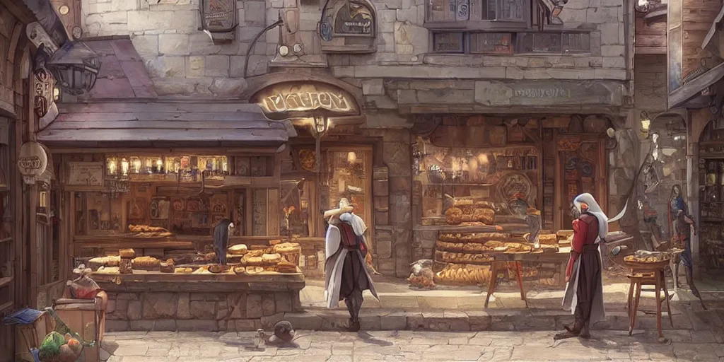 Prompt: empty medieval port town town square shops bakery rug shop barbershop pokemon sword and sheild, bright future, social realism, highly detailed, digital painting, artstation, concept art, matte, sharp focus, illustration, art by artgerm and greg rutkowski and alphonse mucha